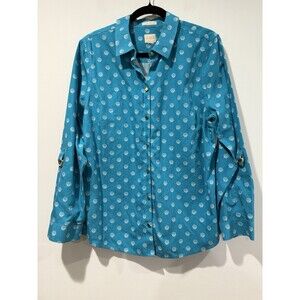 Chicos No Iron Top Women Large Seashell Roll Tab Sleeve 100% Cotton Travel Beach